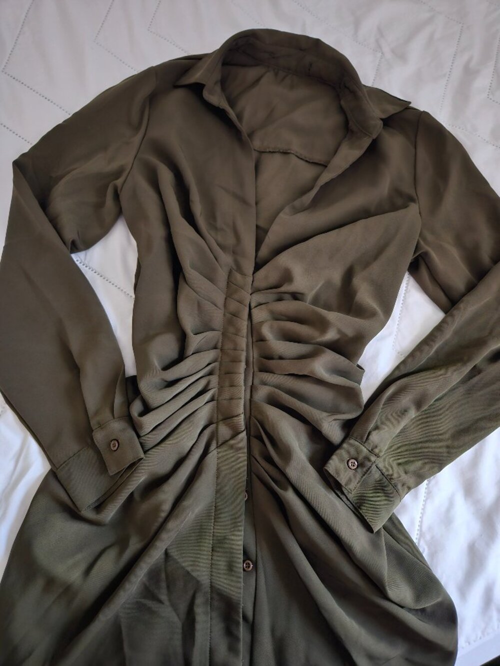 Olive Green Ruched Long Sleeve Midi Dress Size Small